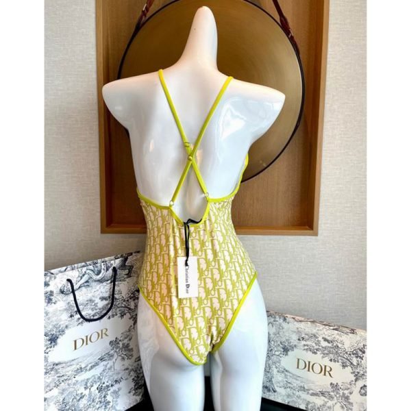 Dior Crisscross Swimsuit Women Oblique with Bee CD Print Nylon Green - Image 2