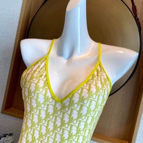 Dior Crisscross Swimsuit Women Oblique with Bee CD Print Nylon Green - Image 3